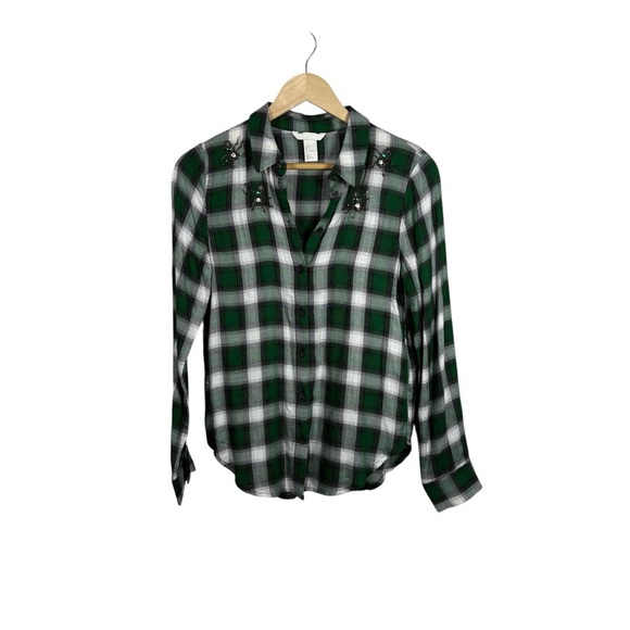 H&M Women’s Plaid Button Down Beetle Beaded Embellished Top Green/White 4 - Picture 2 of 10